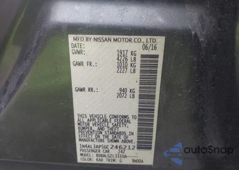 2016 Nissan Altima 2.5/2.5 S/2.5 Sl/2.5 Sr/2.5 Sv z USA, uszkodzony, nr VIN 1N4AL3AP5GC246212